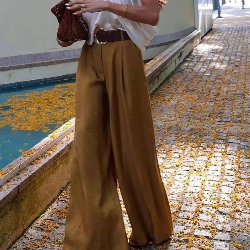 Silky Wide Pants Women's High Waist Loose Fit Dragged Ground Satinfeel Summer New Style Casual Straight Leg Trousers