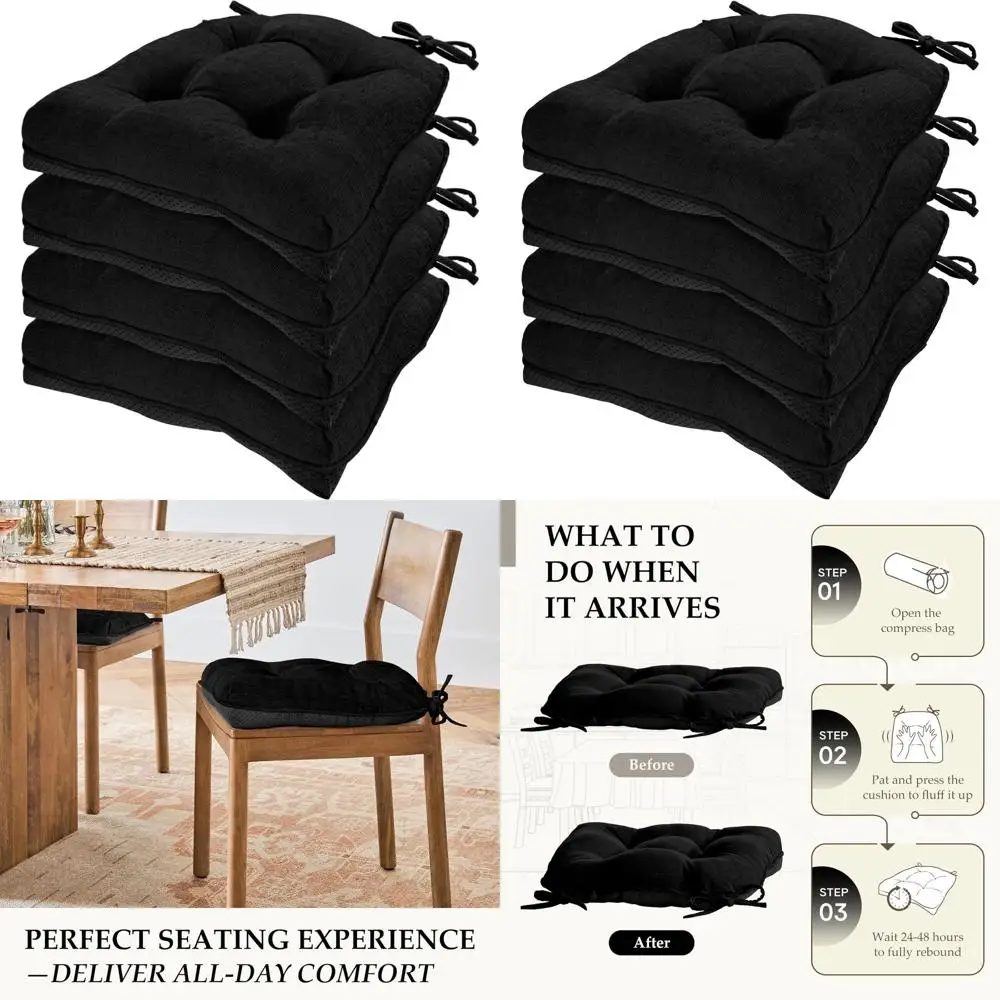 

Set of 4 Black Chenille Tufted Dining Chair Cushions with Ties and Non-Slip Bottom, 17 x 17
