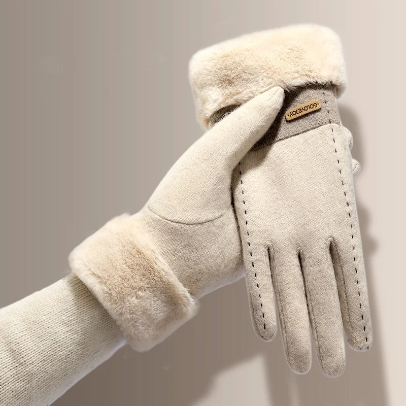 Winter Women Thick Plush Gloves Fashion Warm Suede Touch Screen Gloves Full Finger Elasticity Outdoor Windproof Driving Gloves