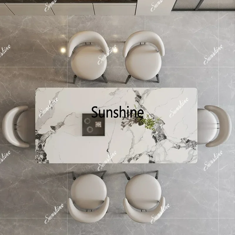 Light luxury modern minimalist stainless steel rock slab dining table rectangular high-end dining tableTJ