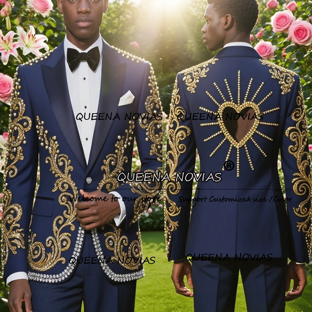 

Luxury Crystals Beaded Groom Wedding Tuxedos Customized 2 Pieces Sets Suits Men Slim Fit Single Breasted Prom Blazers Customized