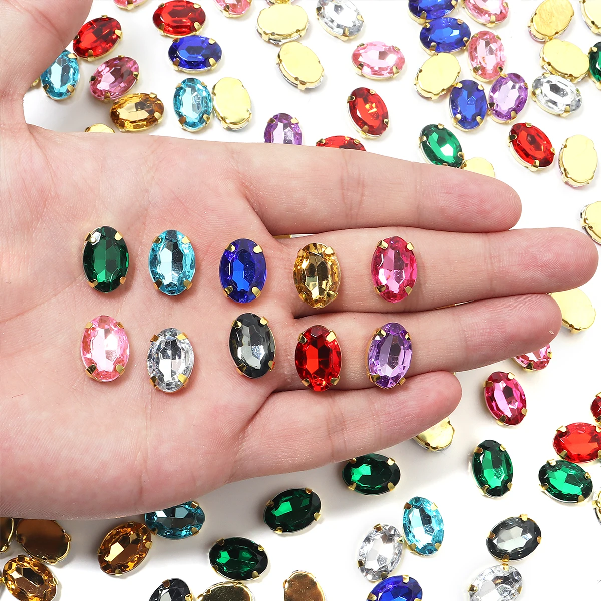 50pcs Gold Color Stainless Steel Base Oval  Glass Crystal Sew on Rhinestones Flatback Claw Setting For DIY Clothing Accessories