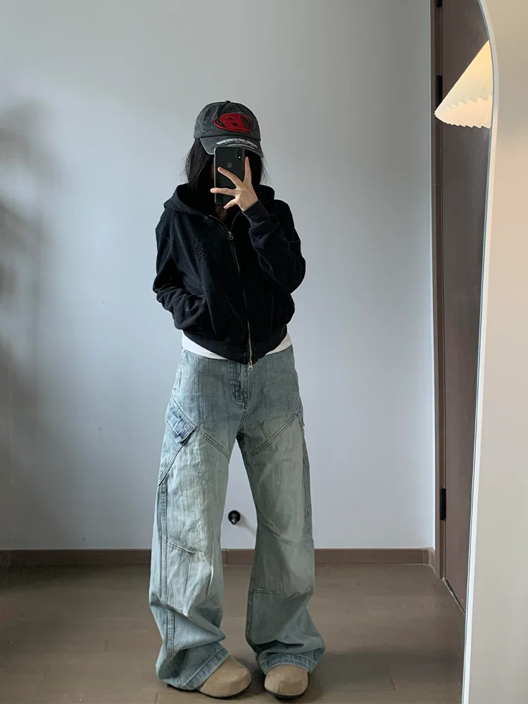 Retro American High Street Deconstructed Design Bamboo Fiber Pattern Loose Straight Leg Jeans Men Women Floor-Length Pants