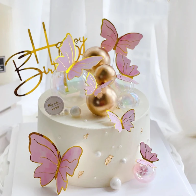 Girl Pink and Purple Butterfly Happy Birthday Party Cake Topper Baby Shower Wedding Decoration Dessert Cupcake Baking Supplies