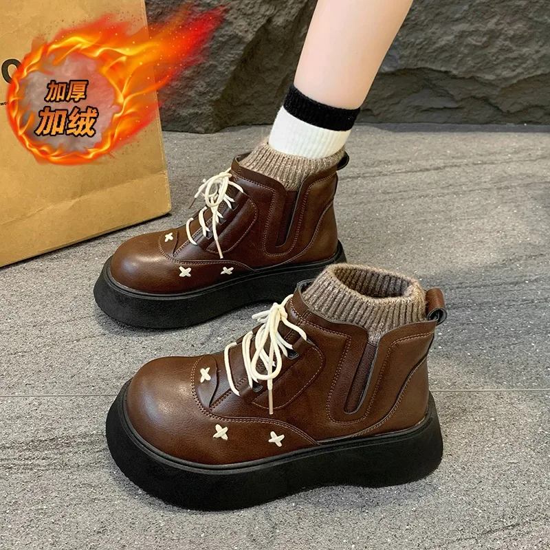 النساء منصة حذاء من الجلد الخريف الشتاء أنيقة لوليتا نمط السيدات أحذية كاجوال موضة بسيطة تنوعا الأحذية الجلدية النساء #4