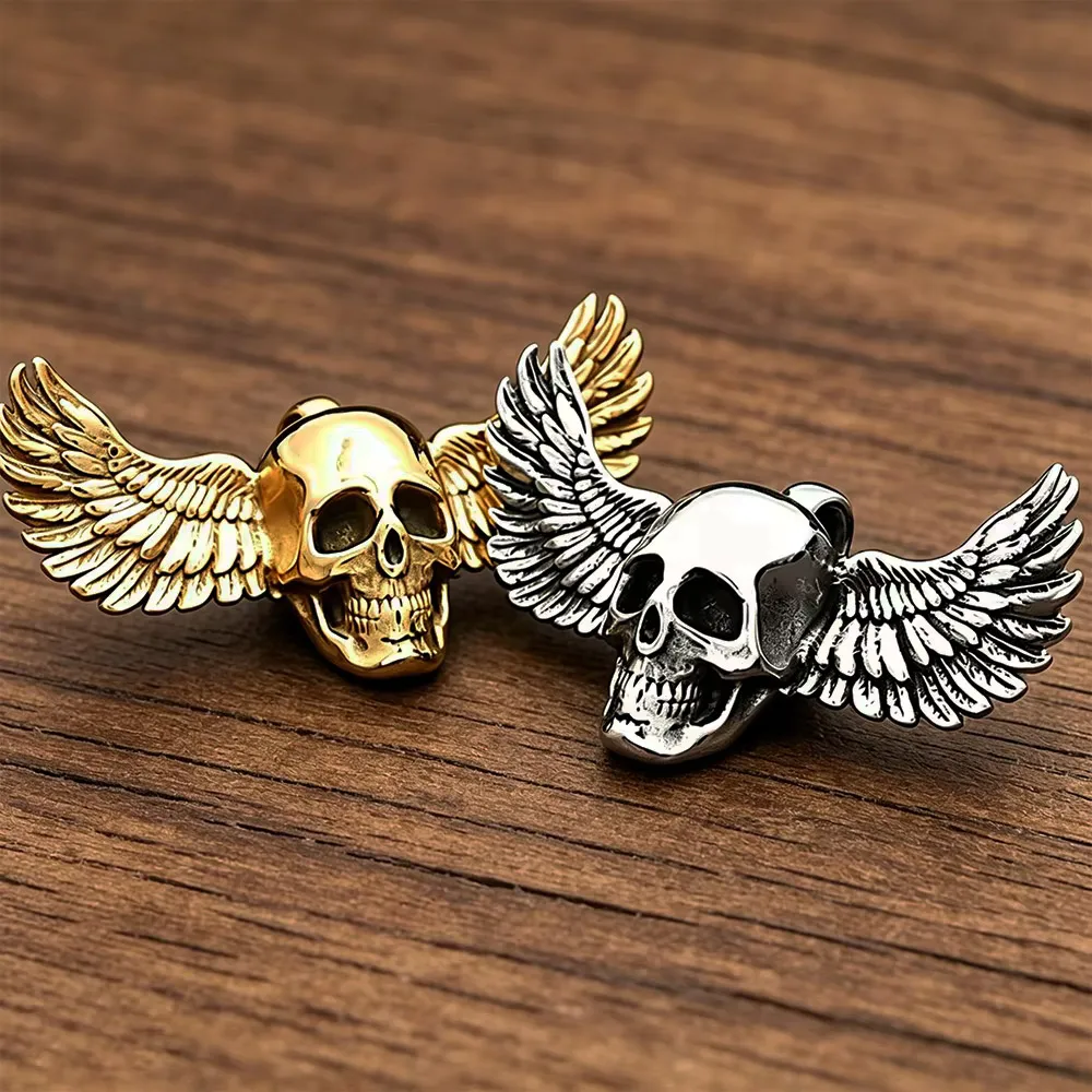 Gothic Two Tone Angel Wings Skull Pendant Necklace Stainless Steel Punk Hip Hop Personality Fashion Jewelry Gifts For Men Women