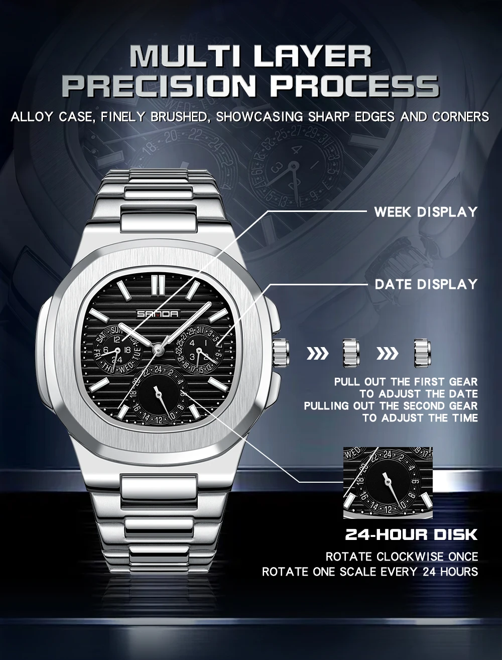 Sanda SD7053 الأعمال الفاخرة مقاوم للماء ساعة الذكور تاريخ مضيئة كامل الفولاذ المقاوم للصدأ مربع ساعة كوارتز Reloj Hombre