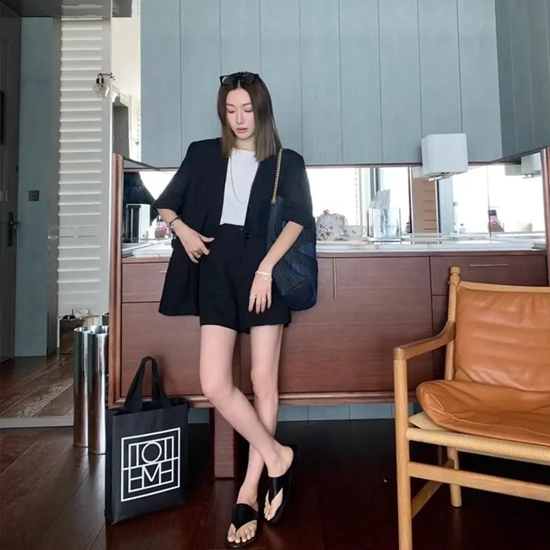 Insozkdg الراقية رقيقة البدلة سترة للنساء صيف جديد الكورية موضة الخامس الرقبة قصيرة الأكمام الصلبة فضفاض سترات غير رسمية النساء بلايز