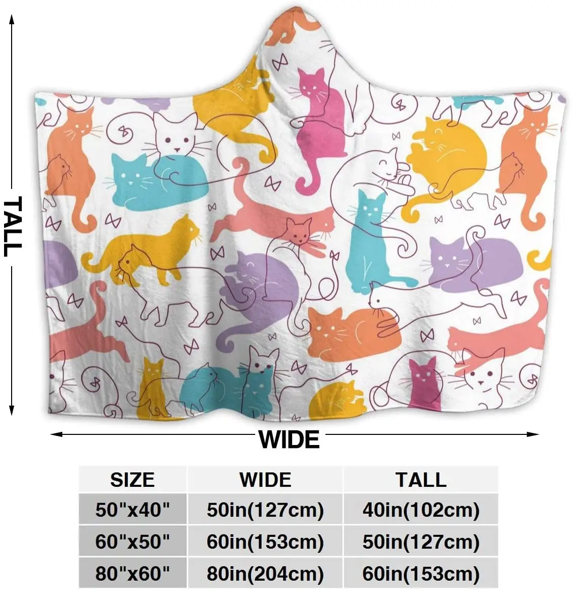 Cute Colorful Cat Hooded Blanket Anti-Pilling Flannel Wearable Blanket Hoodie-Plush Warm Throw Blankets for Kids Adults Teens