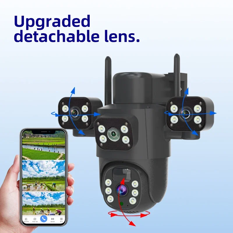 4G / WiFi كاميرا تعمل بالطاقة الشمسية ثلاثة عدسات شاشة خارجية 12MP 6K بطارية منخفضة الطاقة كاميرا IP PIR للرؤية الليلية CCTV الحماية الأمنية