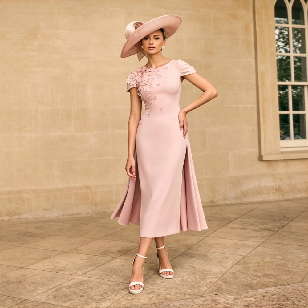 Customized Dusty Pink Short Sleeve 3D Floral Crepe Mother of Bride Dress Side Split Formal Gown Elegant Outfit for Wedding Party