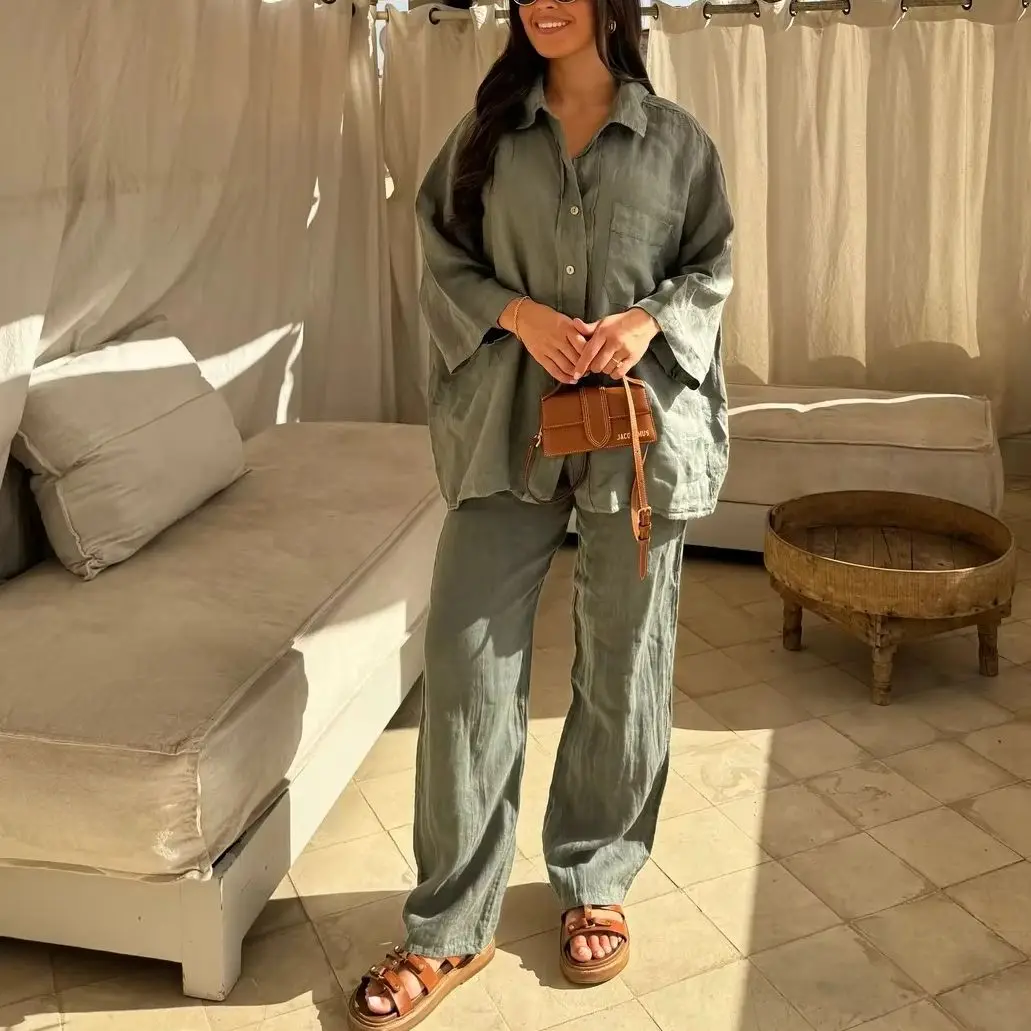 V Neck Single Breasted Top&Pants 3 Color Female Suit Long Sleeves High Waist 2026 Spring Casual Office Commute Solid Soft Set