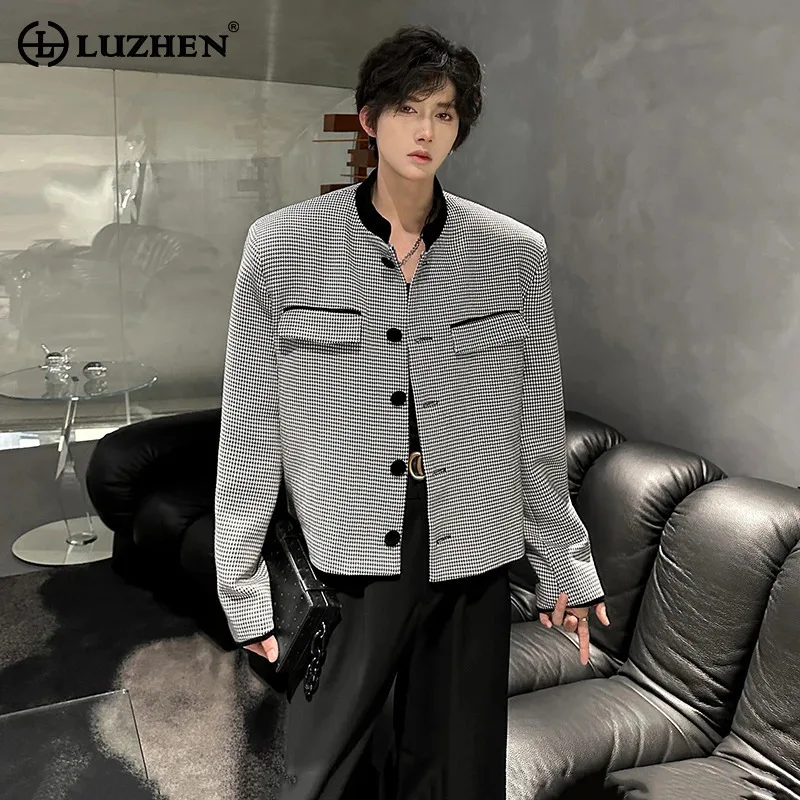 

LUZHEN оригинальные карманы украшенные клетчатым принтом наплечники короткая куртка мужская модная красивая корейская повседневная одежда JY4388