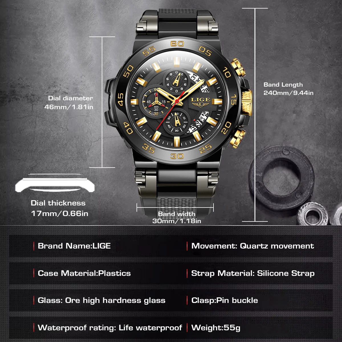 LIGE New Mens Watches Top Luxury Brand Big Dial Watch Men Waterproof Quartz Wristwatch Sport Chronograph Clock Relogio Masculino