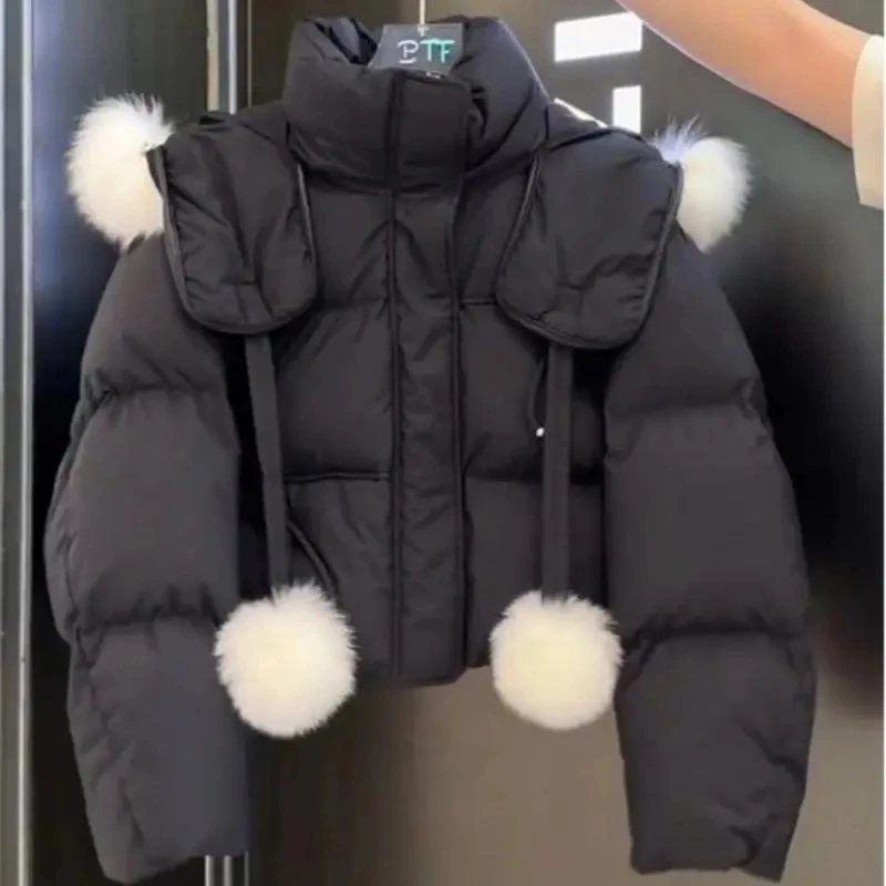 Imagem -02 - Cabolsa com Capuz Acolchoado de Algodão Curto para Mulheres Grosso e Quente Cor Sólida High-end Fofo Roupas da Moda Novo Inverno 2023