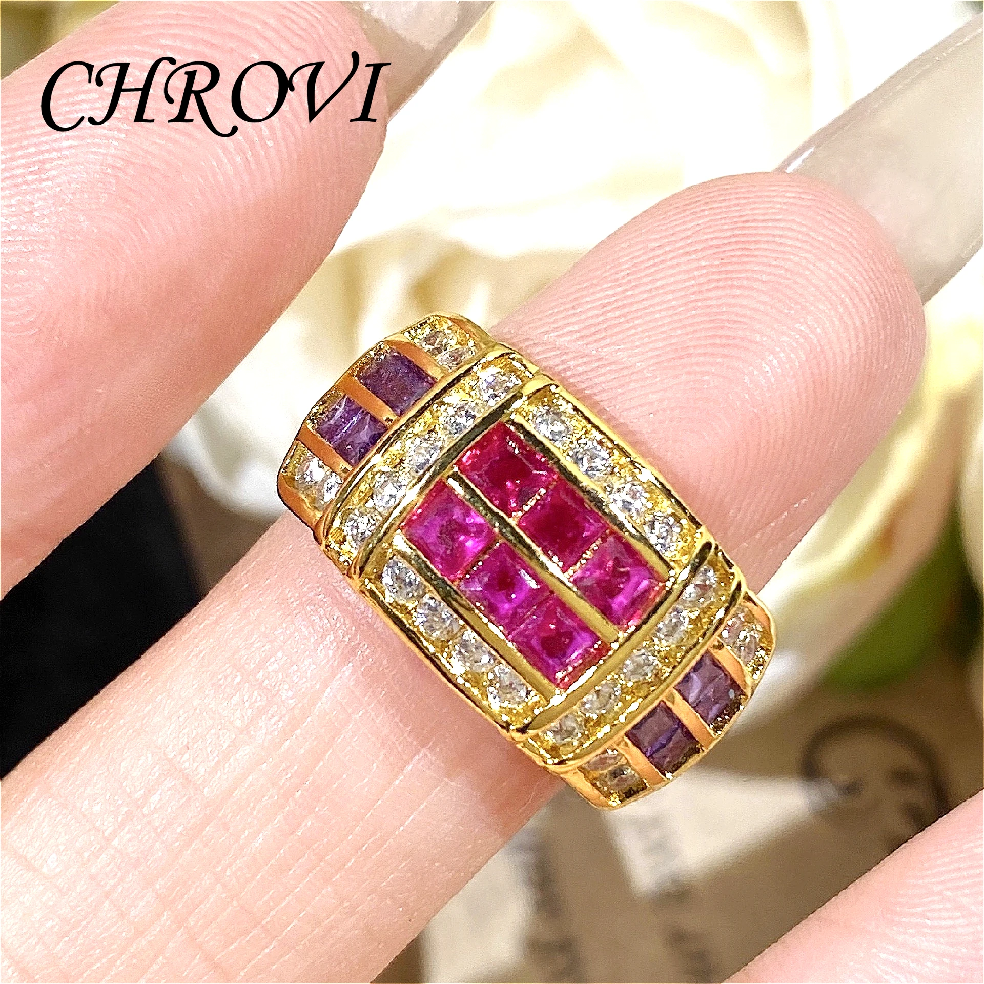 Vintage retro style 925 sterling silver high-grade multicolor zircon two-tone antique jewelry ring for women