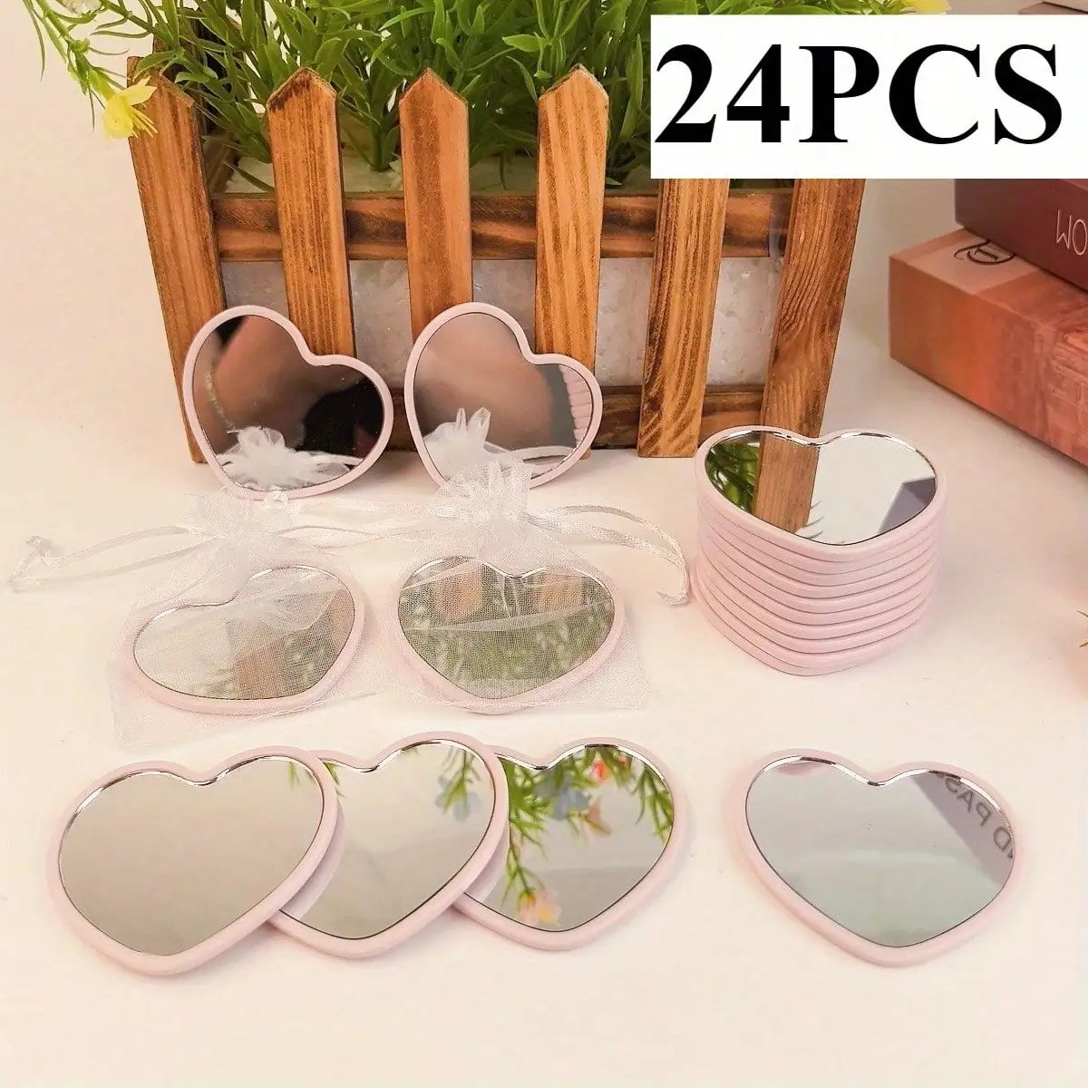 24 طقم مرآة محمولة على شكل قلب، بما في ذلك 12 مرآة و12 جيب برباط، وهدايا الحفلات #3