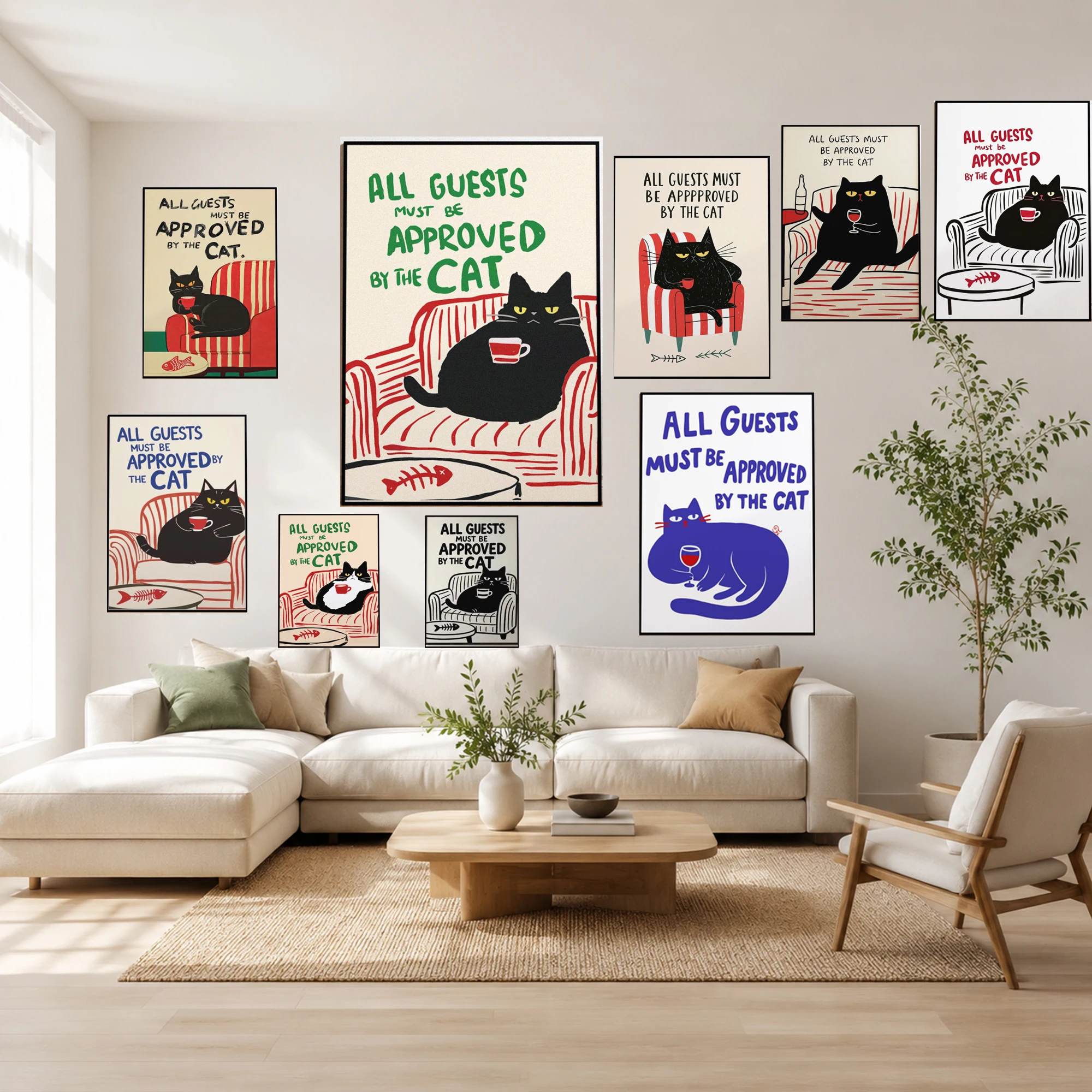 1pc "todos os convidados devem ser aprovados pelo gato" cartaz parede humorística para amantes de gatos, para escritório em casa, cama sala de estar decoração do banheiro