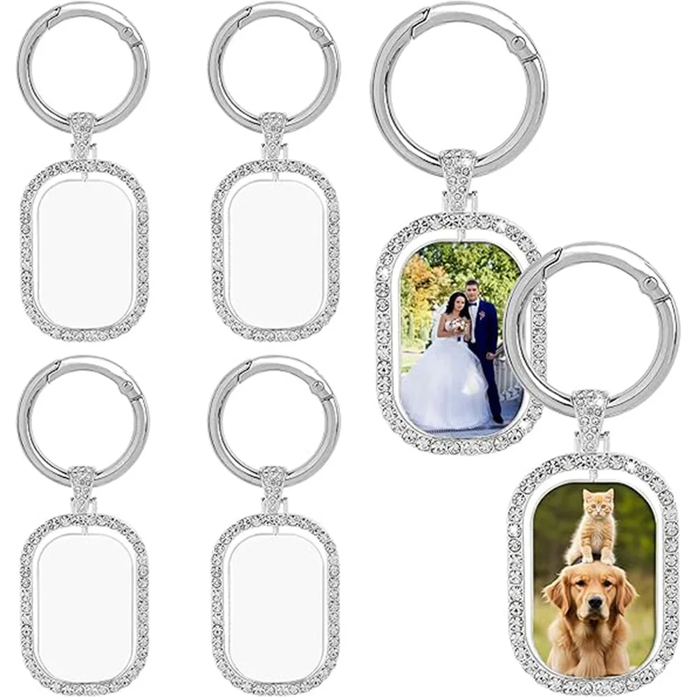 5pcs Sublimation Blanks Metal Keychains Rhinestone Heat Transfer Square Rectangle Press Key Rings for Personalized DIY Crafts
