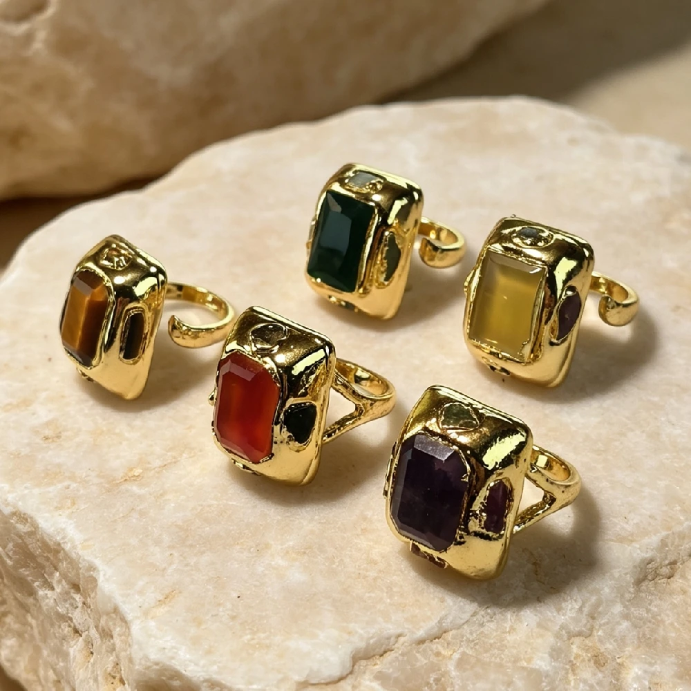 Rectangle Faceted Natural Mineral Finger Charms Square Cut Crystal Bezel Set Adjustable Open Band Golden Plated R2G117