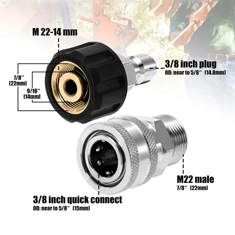 Werkzeug-Adapter-Set für tägliche Hochdruckreiniger, Schnellanschlusssatz, M22, 14 mm/15 mm auf 3/8 Zoll, metrische Anschlüsse, Edelstahl – Detail 1