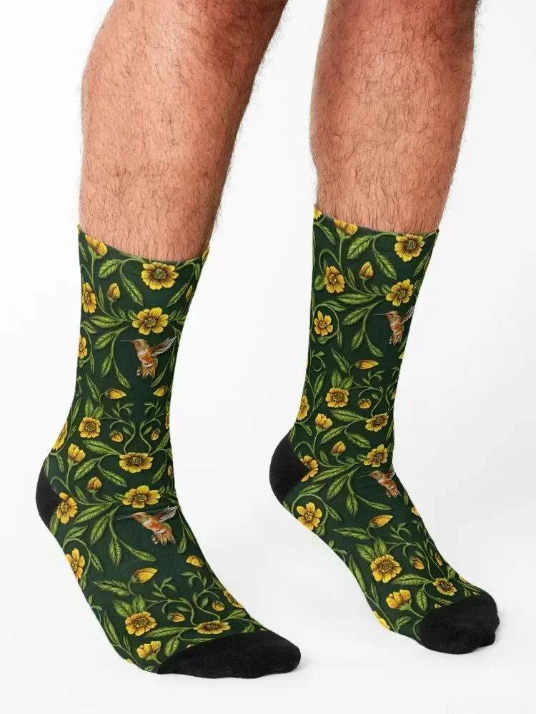 Humminbirds, Schmetterlinge und gelbe Blumen auf dunkelgrünen Socken, luxuriöse Wandersocken für Herren und Damen