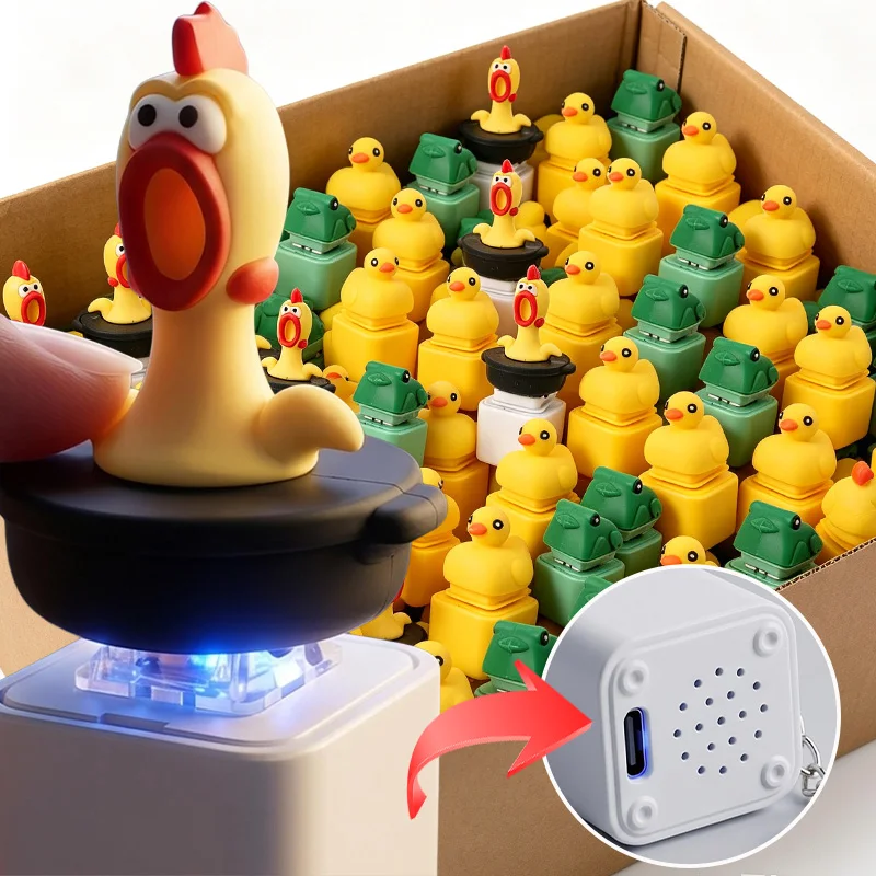 Creative Pressure-relief Keychain with Sound-activated  LED Rechargeable Button Small Cute Screaming Chicken Frog Duck Keyrings