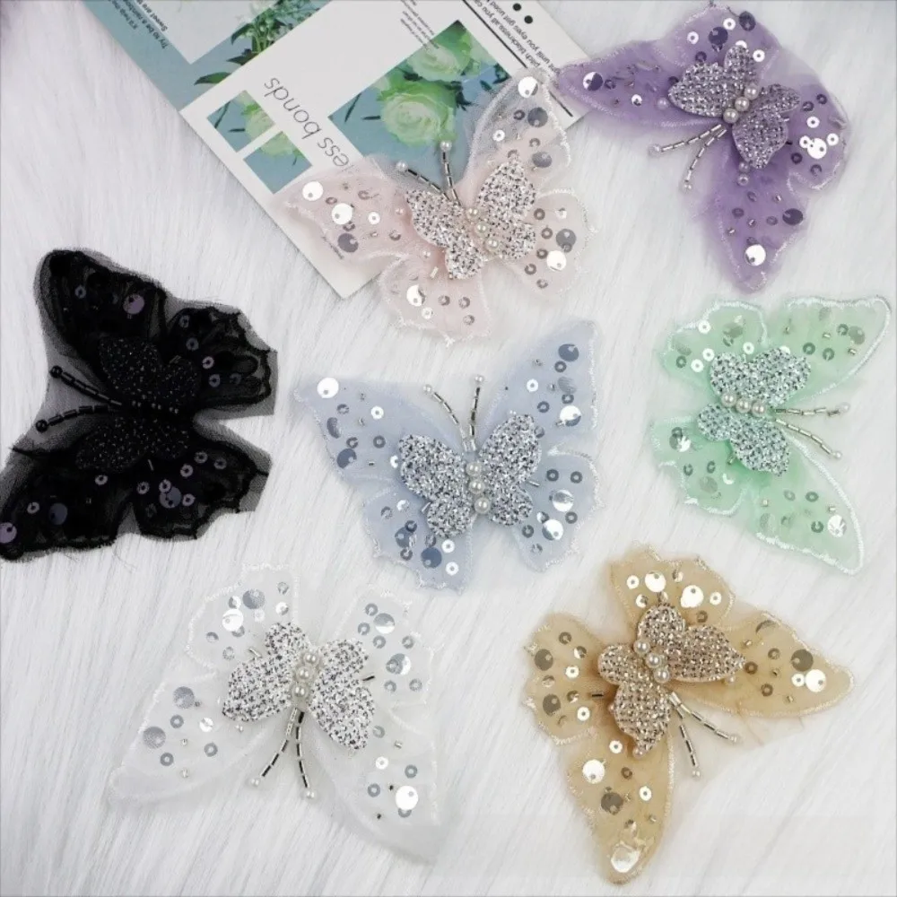 Double-Layered Sequins Butterfly Applique Gold-Sprayed Lustrous Embroidered Patches Hand-Sewn Mesh Sequins