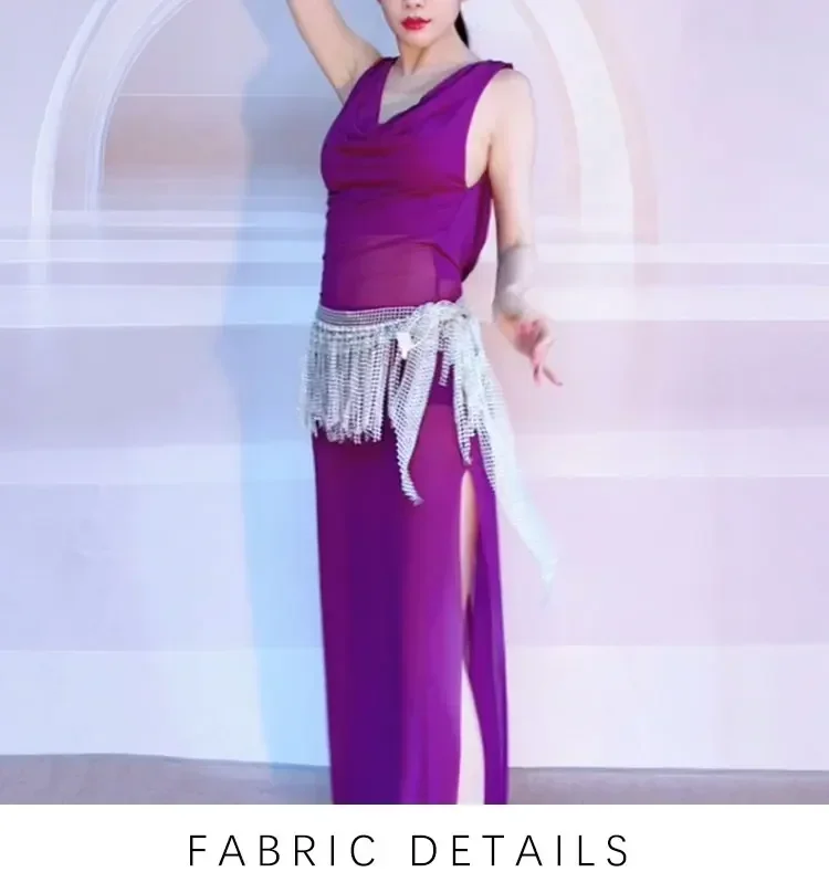 Belly Dance Training Dress Sexy Purple Mesh Sleeveless Skirt Slightly Breathable Goddess Yoga Oriental Ethnic Dance Dress