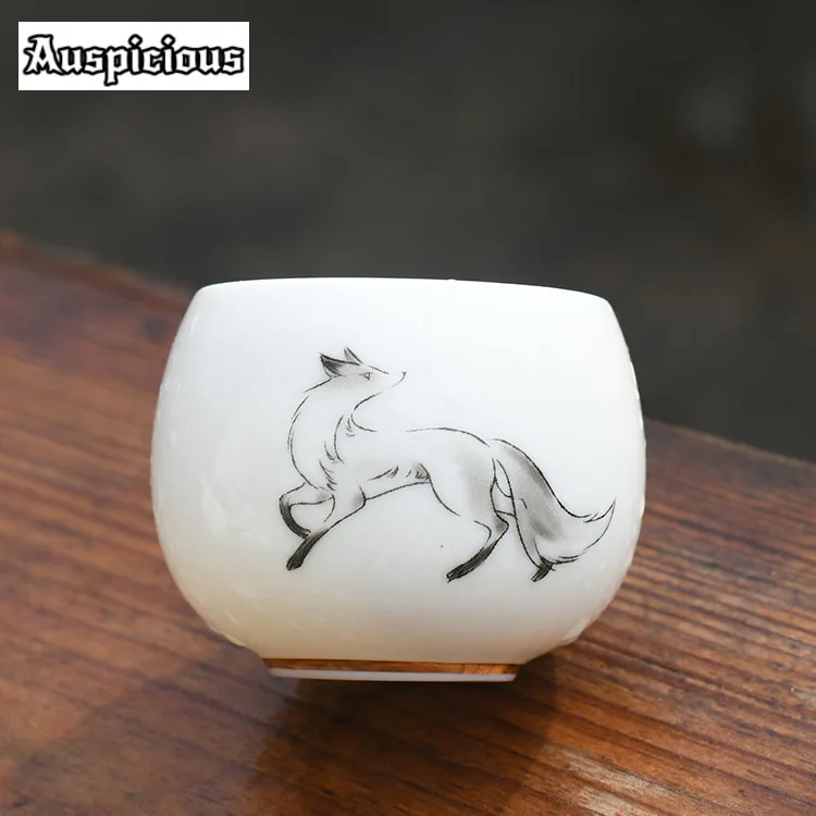 120ml Creative Ink Fox Teacup Elegant White Porcelain Tea Bowl Fragrance Cup Coffee Mug Master Cup Tableware Accessories Craft