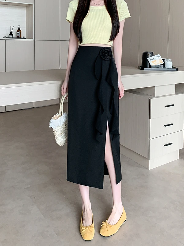 Elegant High Waist Slimming Asymmetrical Slit Midi Skirt Fashionable Spring Collection Korean Style Commute Friendly