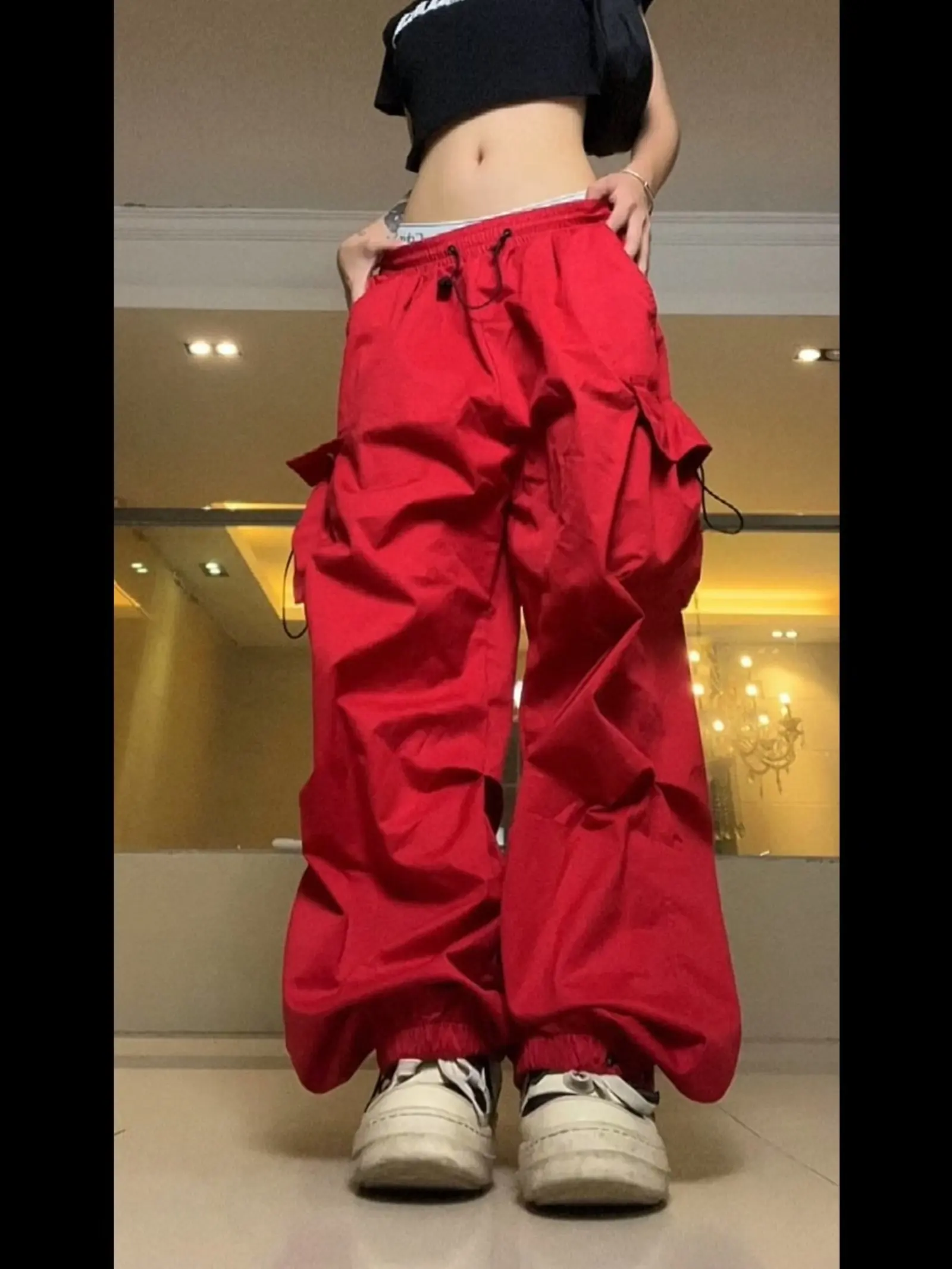 Y2K Red parachute pants Big Pockets Trousers Sweatpants High Waist Cargo Pants Tracksuits Harajuku Joggers Streetwear Pants