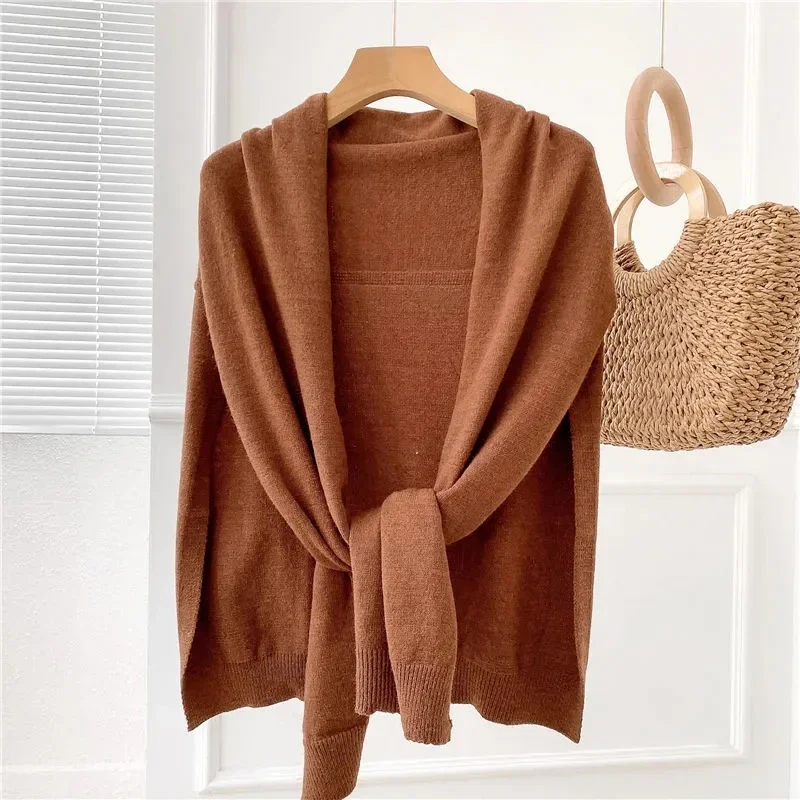 Knitted Shawl Women Tops Korean Fashion Sweter Cape Autumn Winter New Warm Wild Solid Scarf Cardigan Femme Poncho