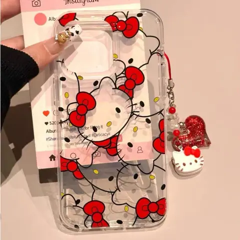Red Heart Kitty Pendant Cartoon Transparent Phone Case for Realme 14 Pro Plus 13 12 11 10 9i 8 Pro C75 C71 C67 C65 C55 C53 C35
