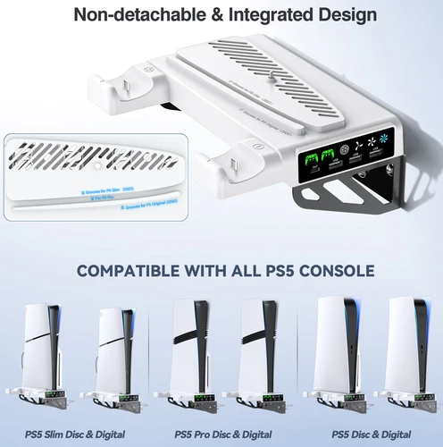 Imagen 2 del producto Para PS5/PS5 Slim/PS5 Pro Kit de montaje en pared con estación de carga y ventiladores de refrigeración Montaje detrás de TV con colgador de auriculares Soporte de pared para PS5