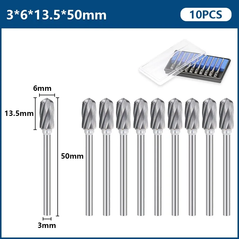 XCAN 10pcs Carbide Rotary Burr 3mm Shank 6mm Diameter Single Cut C Type Rotary File Milling Bit