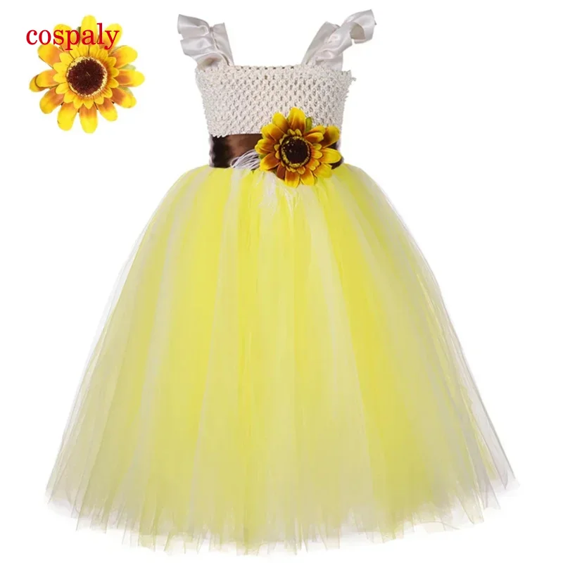 A Yellow Flower girl tutu dress Princess girls pageant ball gown sunflower belt tulle wedding bridesmaid dresses for kids clothe