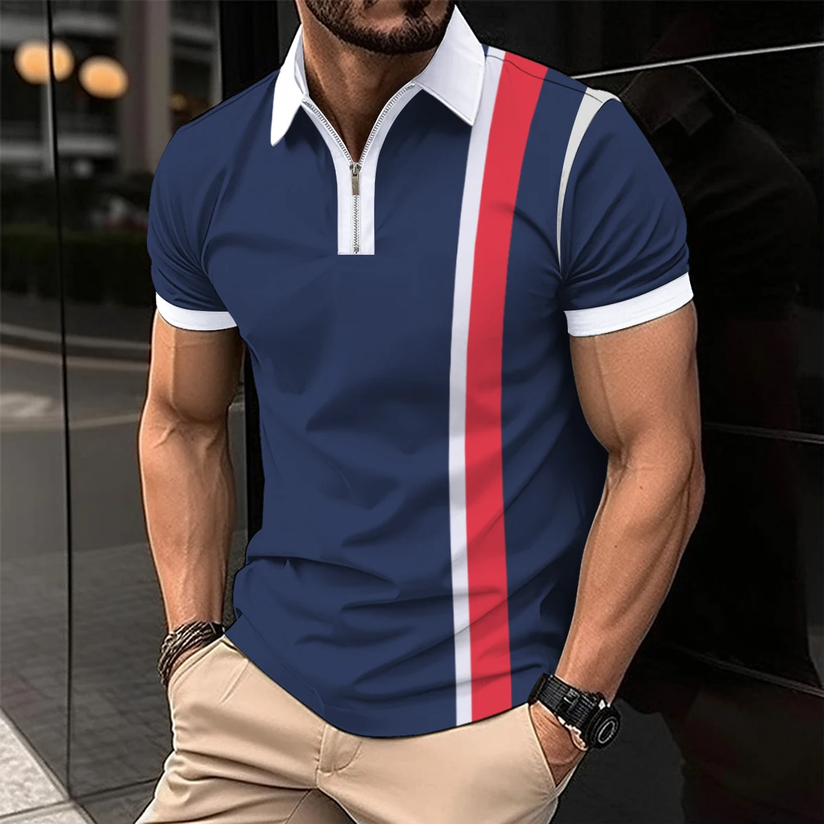 Summer Fashion Men Short Sleeve Polo Shirt Splicing Red Stripe Printing Business Streetwear Casual  Men Breathable Top S-XXXL