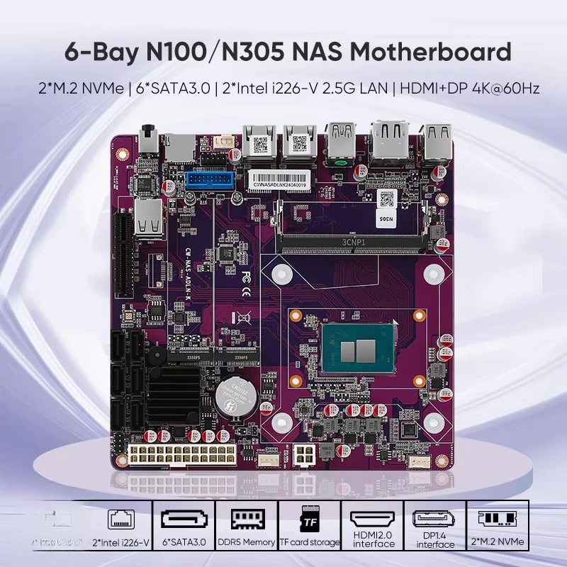 6 Bracket i3-N305 N355 N100 N150 1 * PCIEx4 2 * i226-V 2.5G 2 * M.2 NVMe  Firewall Mini ITX main board
