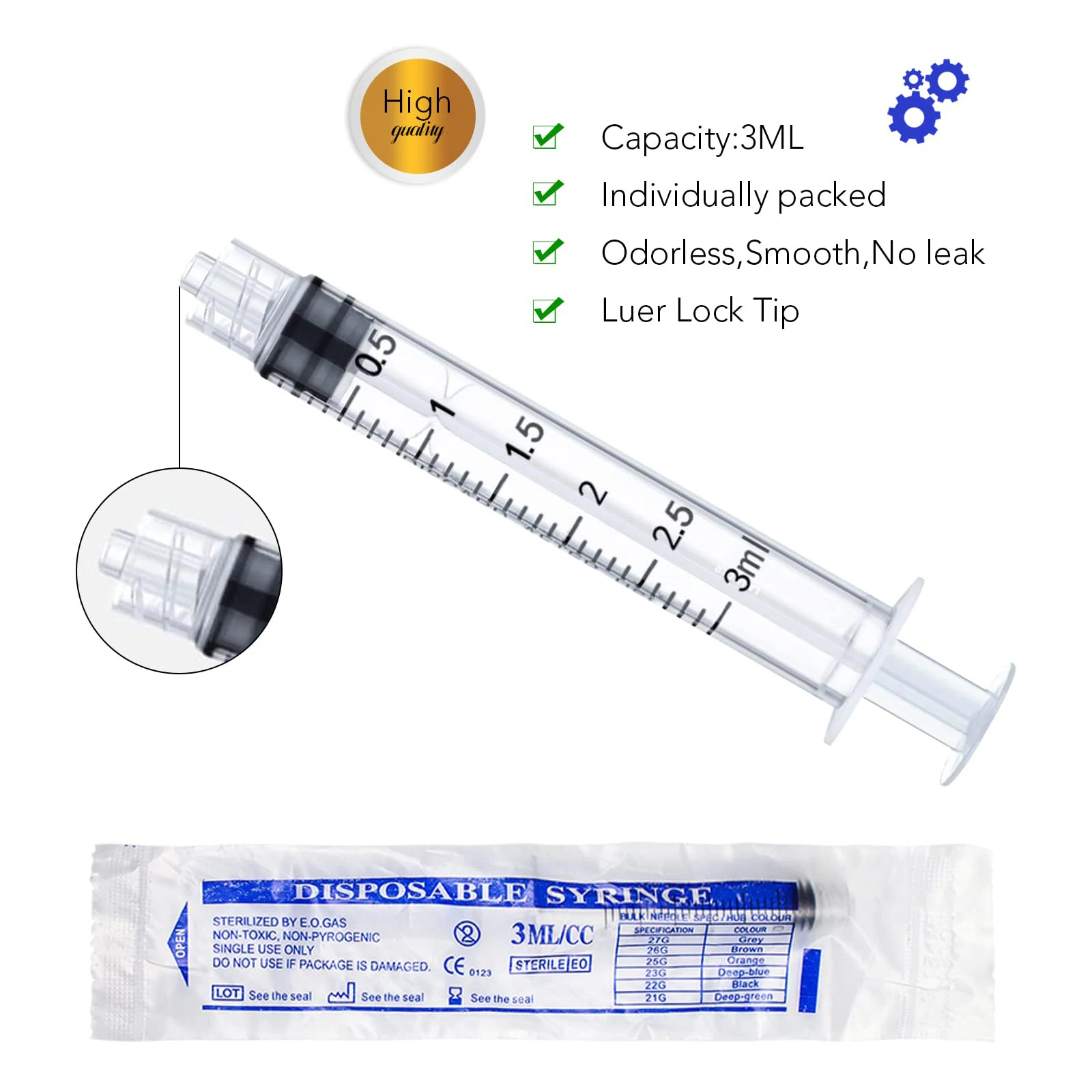 3ml/3cc Sterile Luer Lock Syringe Without Needle, Individual Packed Injector for Glue Dispensing, Feeding Pets, Wholesale 100pcs