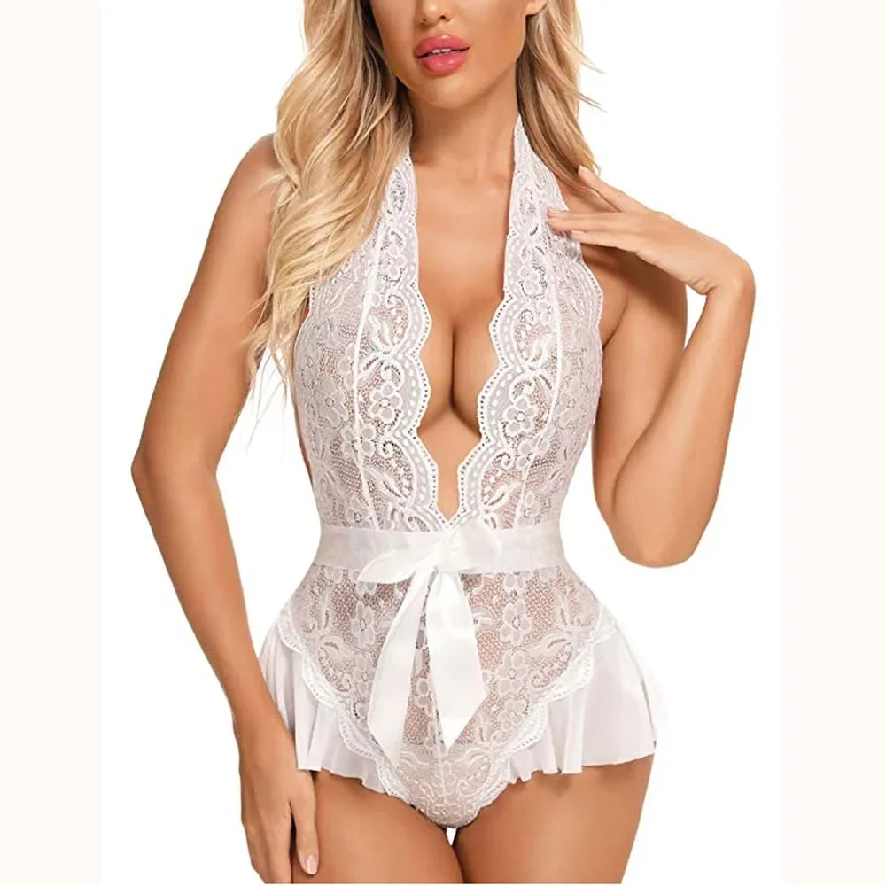 

Erotic Costume Crotchless Lace Open Bra Women Babydoll Dress Sexy Halter Lingerie Nightgown Sleepwear Pajamas Intimate Catsuit
