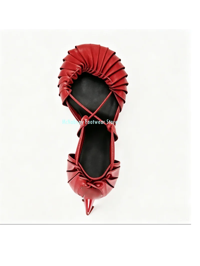 Red Multi-Story Ruffles Overlap Combination Big Head Sandals Stilettos One-strip Cross Triplets Stilettos Women's Shoes 2026