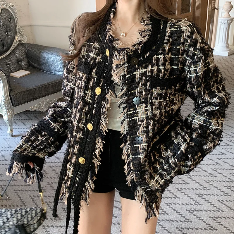 트위드 재킷 긴팔 여성 가을 다기능 캠퍼스 기본 패치 스탠드 칼라 3D 한국 스타일 보헤미안