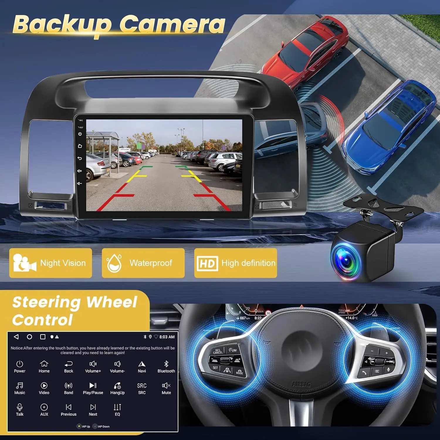 ستيريو سيارة أندرويد بشاشة لمس 9 بوصة لسيارة تويوتا كامري 2000-2006 مع CarPlay، Android Auto، Bluetooth، WiFi، كاميرا احتياطية AHD #5