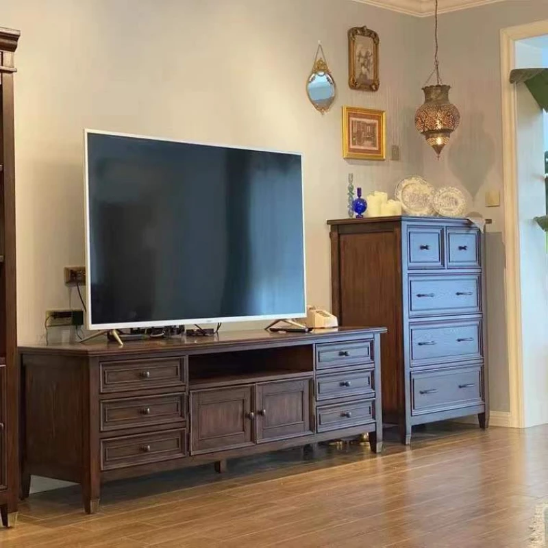 Kabinet TV Antik Kayu Solid Amerika Lemari Penyimpanan Tahan Air Multifungsi Rumah Kayu Abu Furnitur Ruang Keluarga Escabroso