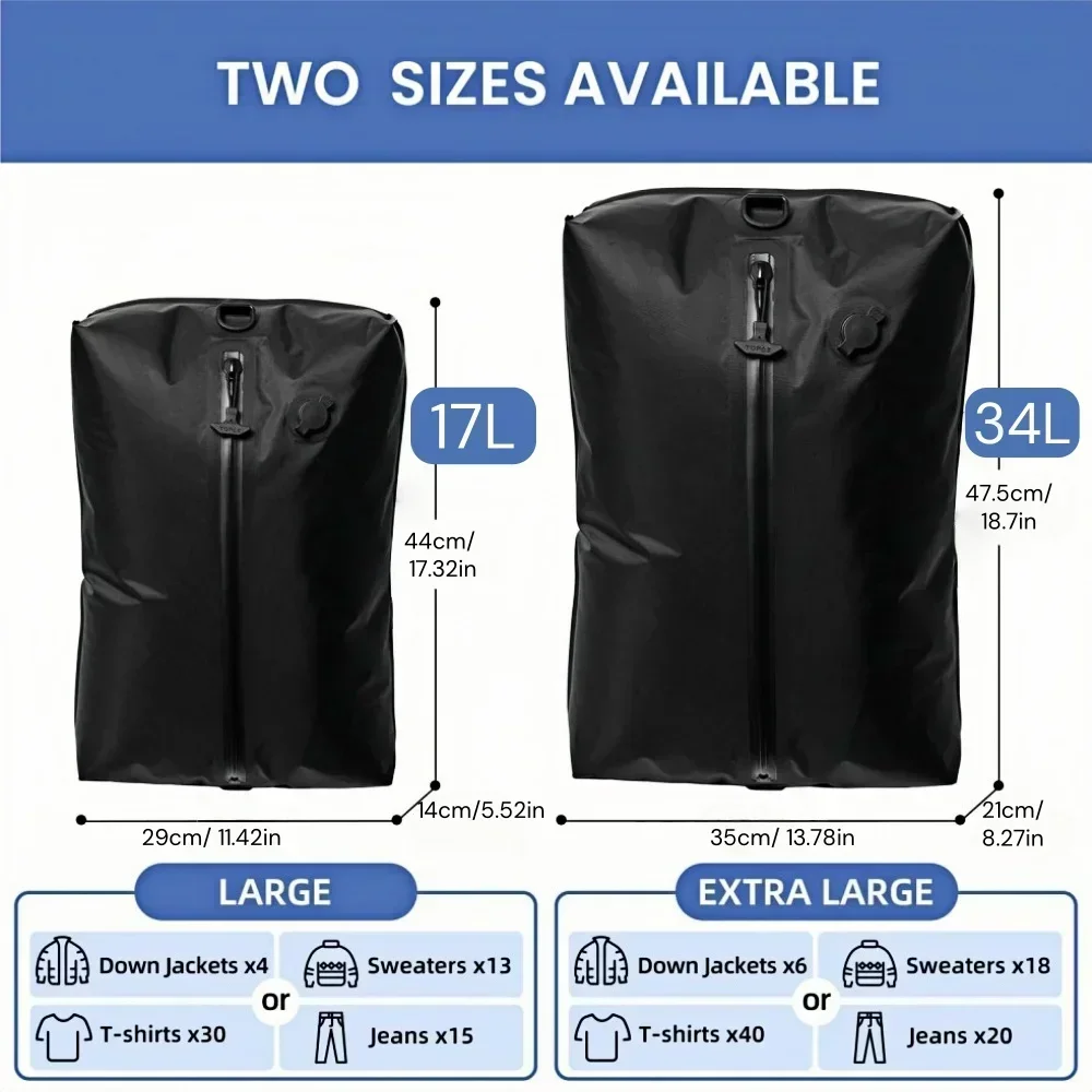17L-34L حقائب ظهر مفرغة للسفر حقيبة تخزين قابلة لإعادة الاستخدام قابلة للطي حقيبة ضغط خارجية مع مضخة هواء لحقائب السفر والأمتعة