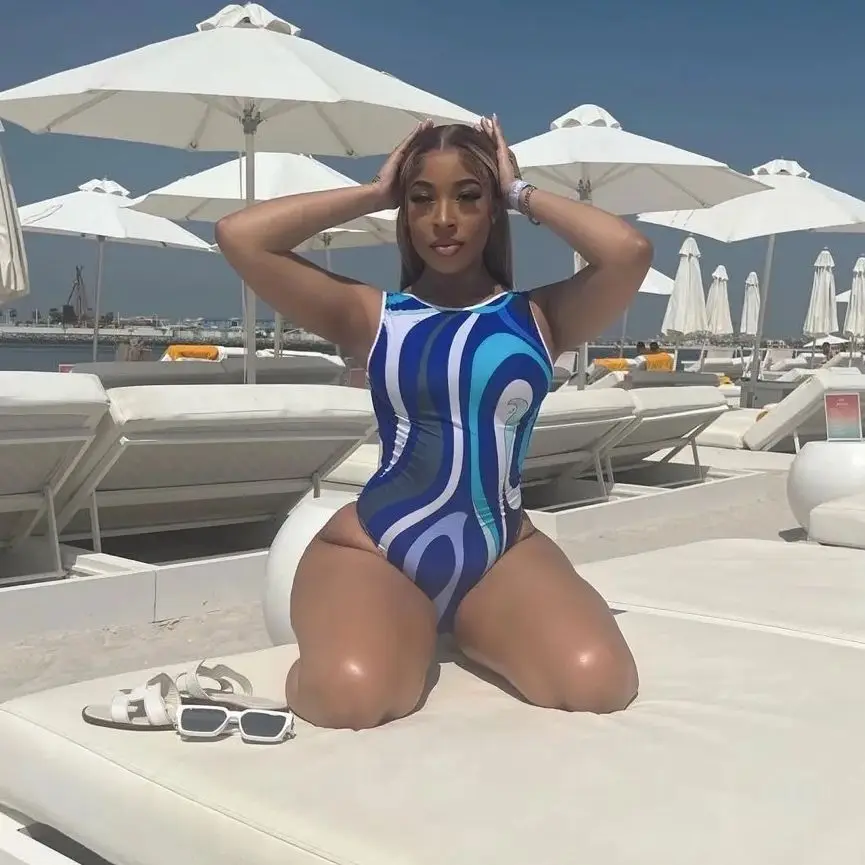 

Sexy Stripe Print Bodysuits SwimSuits Bra Bathing Suit 3 Piece Cover Up Women Halter Deep V Hollow Slim Bikini Set Beachwear
