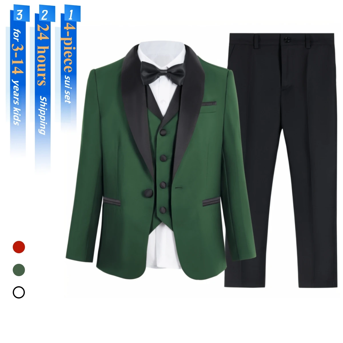 

Modern Shawl Neck Suit Set for Kids, Wedding Suit for Boys, 4-Piece Formal Tuxedo Pants, Blazer Vest Pants Bow-tie In Stock