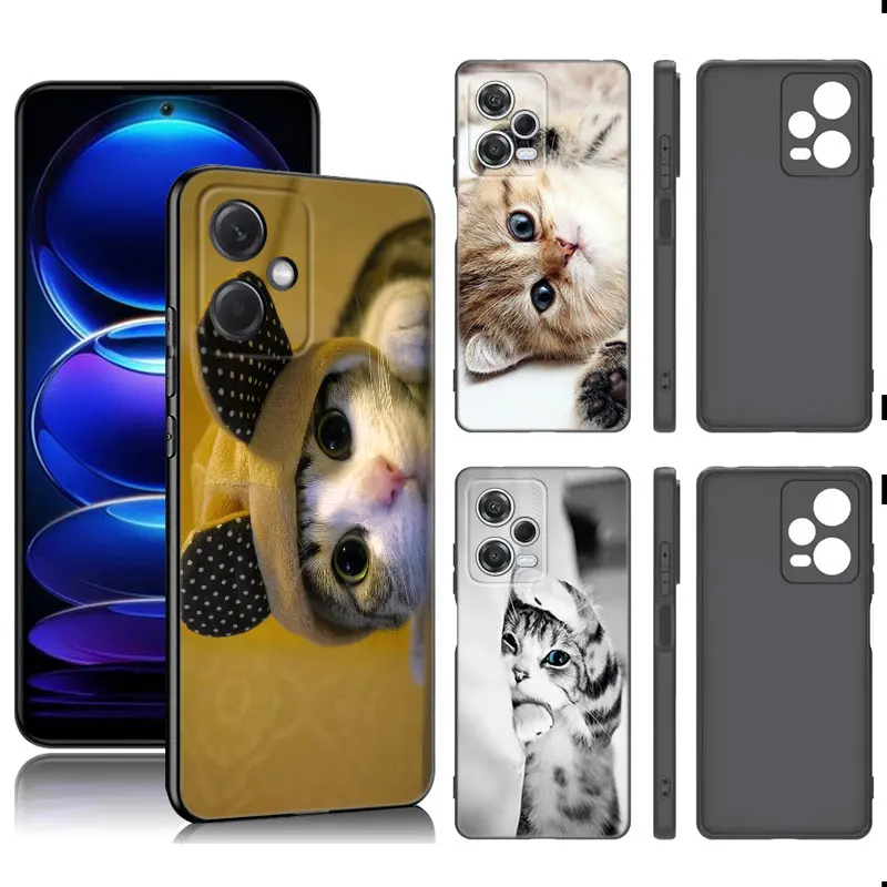 Cute Kawaii Kitten Cat Black Silicone Phone Case For Xiaomi Redmi Note 9 10 11 11S 11T 12 13 Pro 5G Plus 9S 10S 12S