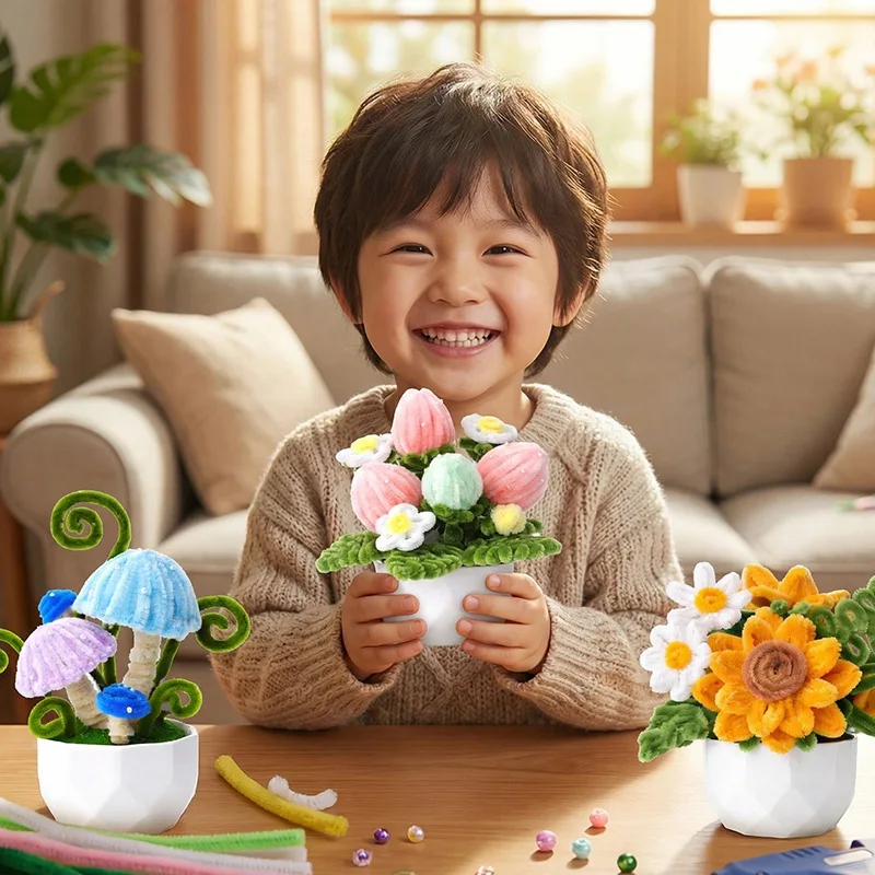 Pipe Cleaners Flower Pot DIY Kit Handmade Sunflower Tulip Bouquet Craft Material Set Mother's Day Gift Kids Desktop Ornament view 3